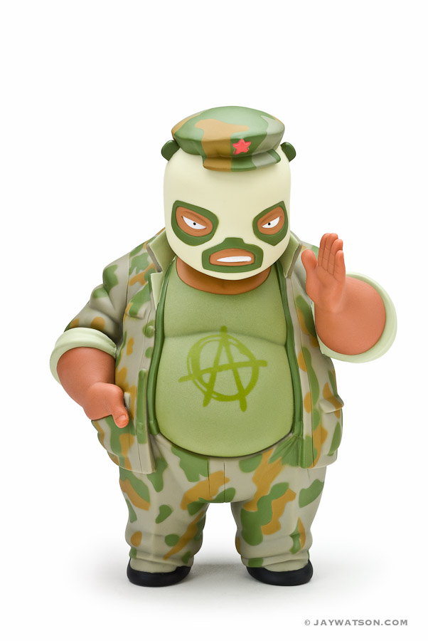 Product photography of vinyl toy Camo El Panda designed by Frank Kozik.